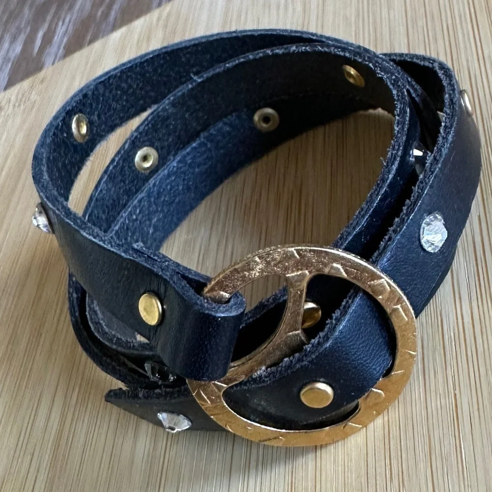 Black Leather Wrap Bracelet w/ Antique Gold & Crystal Accents